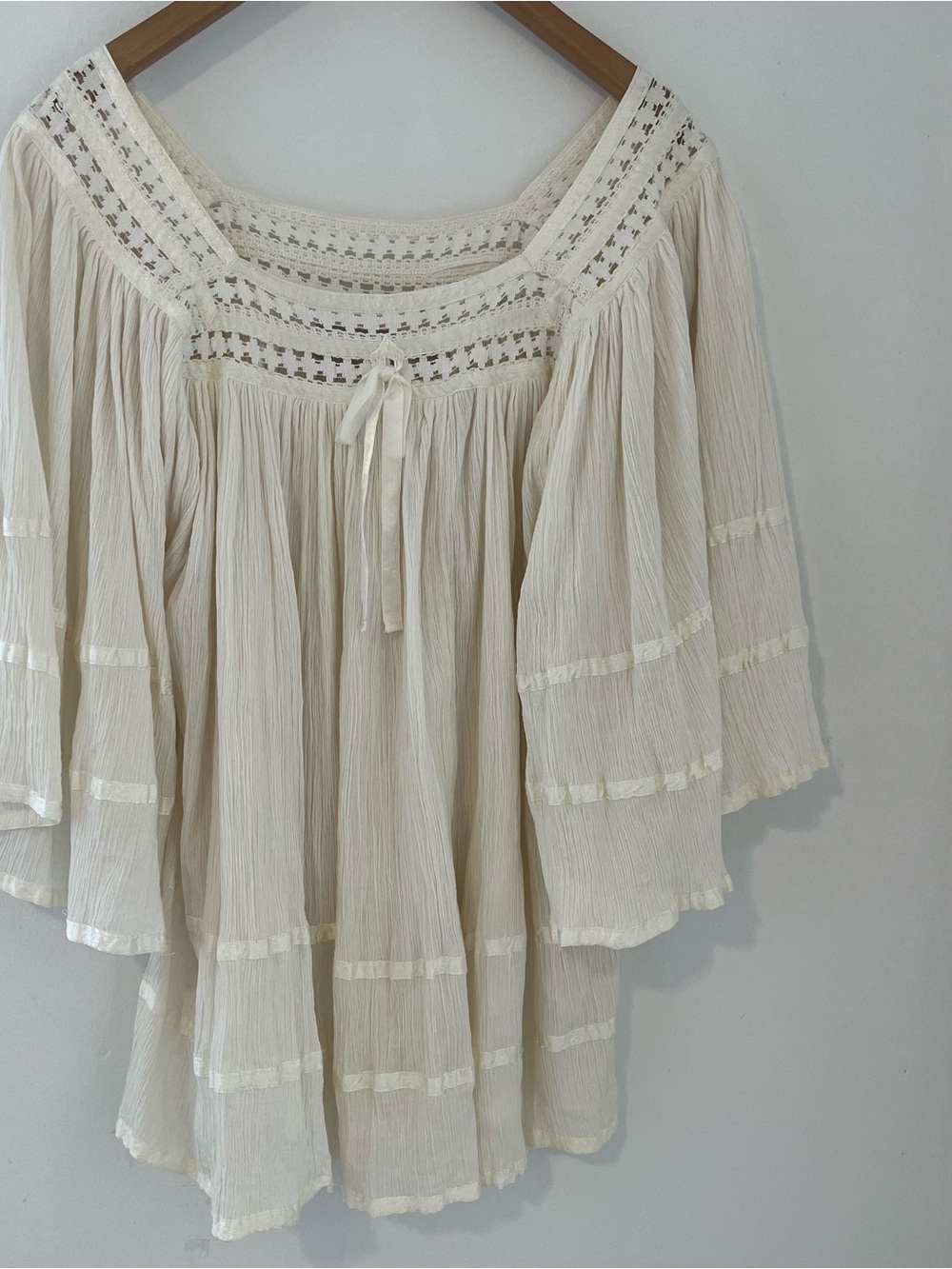 Bohemian Crochet Yoke Tunic Top - Cream
